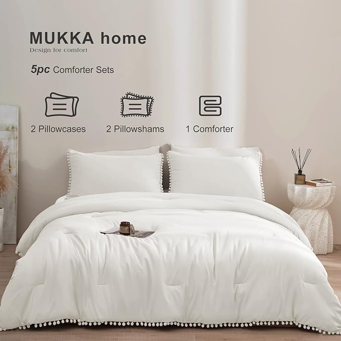 MUKKA Full Comforter Set 5-Piece Full Size White, Boho Pom Pom Fringe Comforter Sets Ivery, Soft Microfiber Bedding Comforter Set Beige with 2 Pillowcases,2 Pillowshams