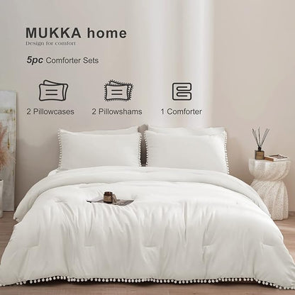 MUKKA Full Comforter Set 5-Piece Full Size White, Boho Pom Pom Fringe Comforter Sets Ivery, Soft Microfiber Bedding Comforter Set Beige with 2 Pillowcases,2 Pillowshams