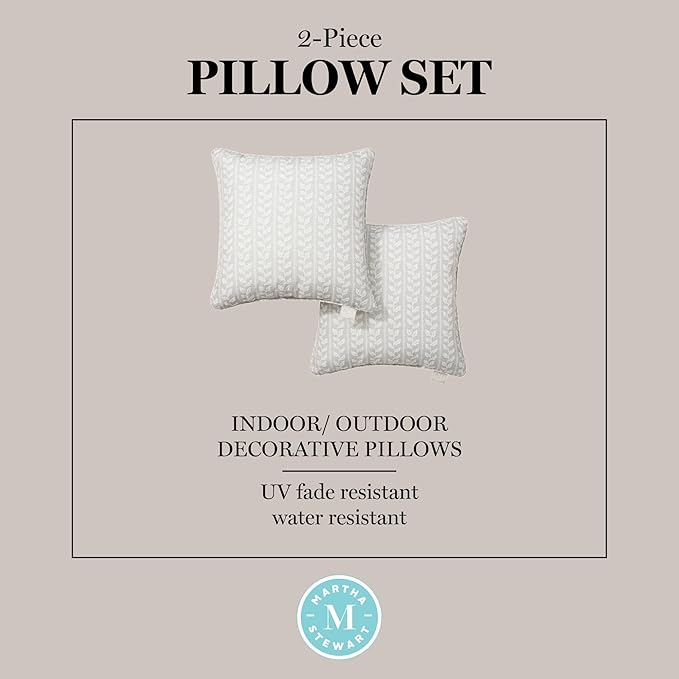 Martha Stewart Vineyard Vines Indoor Outdoor Decorative Pillow 2-Pack Set, UV Fade Resistant, Water Repellent, Printed Garden Design, Warm Grey, 18"x18"