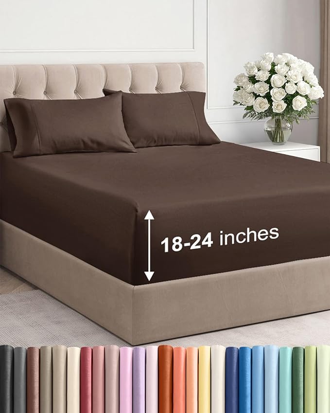 Extra Deep Twin Sheet Set - 4 Piece Breathable and Cooling Sheets - Hotel Luxury Bedding for Women, Men, Kids & Teens - Easy & Secure Fit - Soft, Wrinkle Free and Comfy - Extra Deep Pockets - Brown