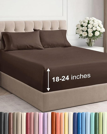 Extra Deep Twin Sheet Set - 4 Piece Breathable and Cooling Sheets - Hotel Luxury Bedding for Women, Men, Kids & Teens - Easy & Secure Fit - Soft, Wrinkle Free and Comfy - Extra Deep Pockets - Brown