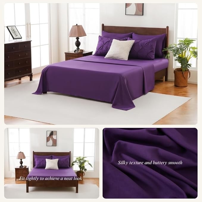 Sheet&Joy King Size Comforter Set, 7-Piece Bed in a Bag, Pintuck Bedding Set for All Season, Includes Comforter, Flat Sheet, Fitted Sheet, Pillowcases and Pillowshams, Purple