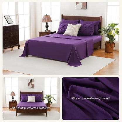 Sheet&Joy King Size Comforter Set, 7-Piece Bed in a Bag, Pintuck Bedding Set for All Season, Includes Comforter, Flat Sheet, Fitted Sheet, Pillowcases and Pillowshams, Purple