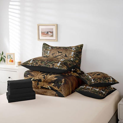 Camouflage Bed in a Bag Queen Comforter Set 7 Piece | Bass Fish Duck Bear Deer Fishing Bedding Sets Country Hunting Comforter and Sheet Set, Woodland Animals Farmhouse Bed Sets,Rustic Cabin Decor