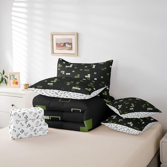 Building Block Games 7Pcs Comforter Set Queen Size,Construction Bedding Set for Kids Boys Teens Room Decor,Army Green Black Video Games Bed in a Bag Cartoon Gamepad Flat Fitted Sheet