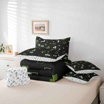Building Block Games 7Pcs Comforter Set Queen Size,Construction Bedding Set for Kids Boys Teens Room Decor,Army Green Black Video Games Bed in a Bag Cartoon Gamepad Flat Fitted Sheet
