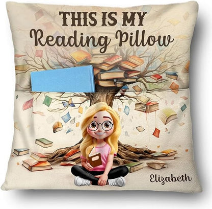 Personalized Pocket Pillow - Book Lover Gift, Reading Nook Accessory, Cozy Home Décor Idea - This is My Reading Pillow Book Tree