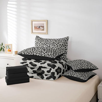 Erosebridal Beige Black Cheetah Fur Comforter Set Queen Size 7 Pieces | Leopard Print Bed in A Bag Animal Skin Pattern Bed Set Women Men Adults Bedding