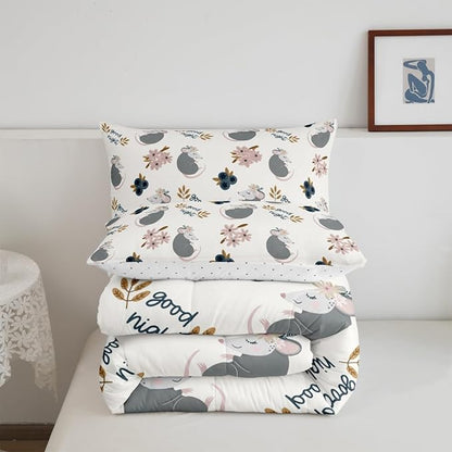 Castle Fairy Cute Opossum 3 Pcs King Size Comforter Set,Cartoon Animals Down Alternative Adults Bedroom Decor,Watercolor Flower Plant Ultra Soft Microfiber Inner Fill 3Pcs Bedding
