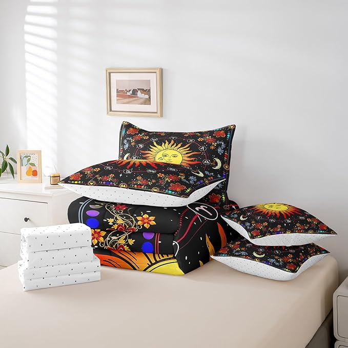 Feelyou Sun Moon Bed in a Bag with Comforter, Full Size 7Pcs Galaxy Bedding Set with Comforter, Boho Exotic Comforter Women Men Teens Ultra Soft Decor Astrology Space Room Decor
