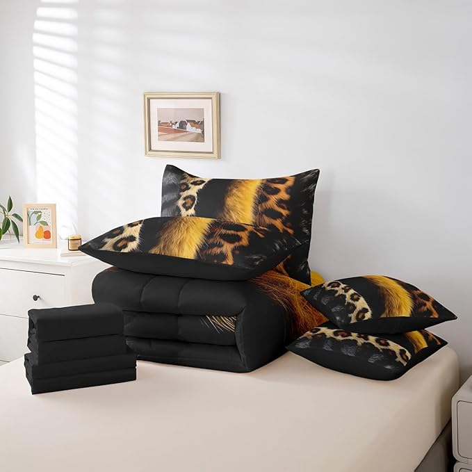 jejeloiu 3D Gold Leopard 7 Piece Bedding Set King Size Adult Leopard Comforter Set with Sheets for Boys Girls Animal Print Bed in a Bag Wild Animal Fur Bed Set