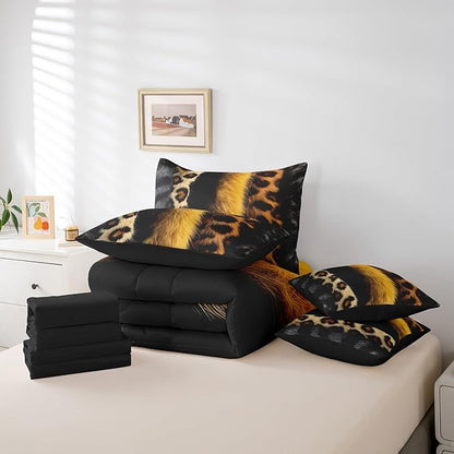 jejeloiu 3D Gold Leopard 7 Piece Bedding Set King Size Adult Leopard Comforter Set with Sheets for Boys Girls Animal Print Bed in a Bag Wild Animal Fur Bed Set