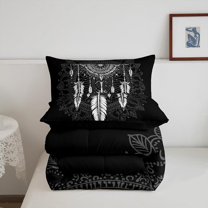 Erosebridal Dream Catcher Comforter Set Queen Size, Boho Feather Bedding Set, Mandala Quilt Set for Kids Boys Girls Teens, Arrow Geometric Aztec Duvet Set, Black White Bedroom Decor