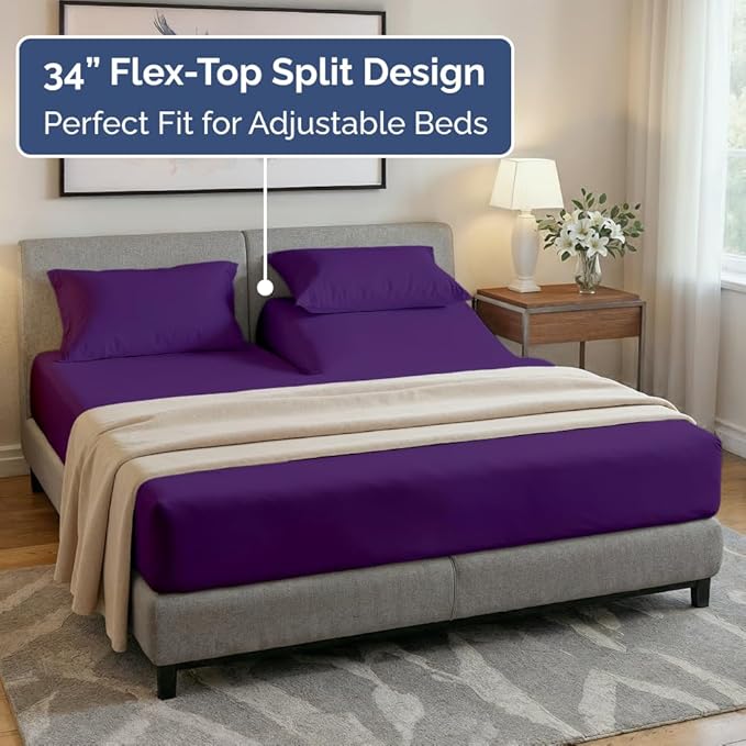 Flex Top Split Head King 4 Piece Sheet Set - Comfy Breathable & Cooling Bed Sheets Set - Hotel Luxury Bedding for Women, Men, Kids, Teens, Boys & Girls - Deep Pockets, Ultra-Soft - Oeko-Tex - Purple