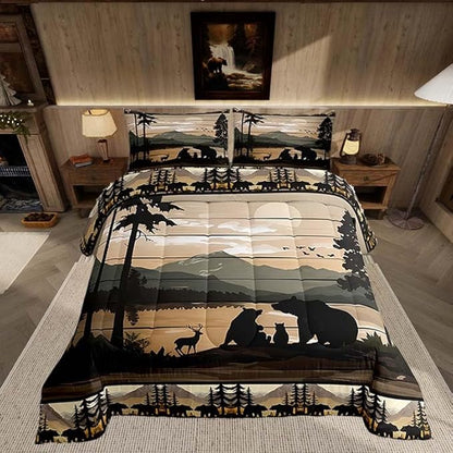 Feelyou Retro Bear Family Bedding Set Wild Animal Hunt Comforter Set for Kids Boys Girls Rustic Farmhouse Comforter Retro Cabin Quilt Set Bedroom Collection 3Pcs King Size