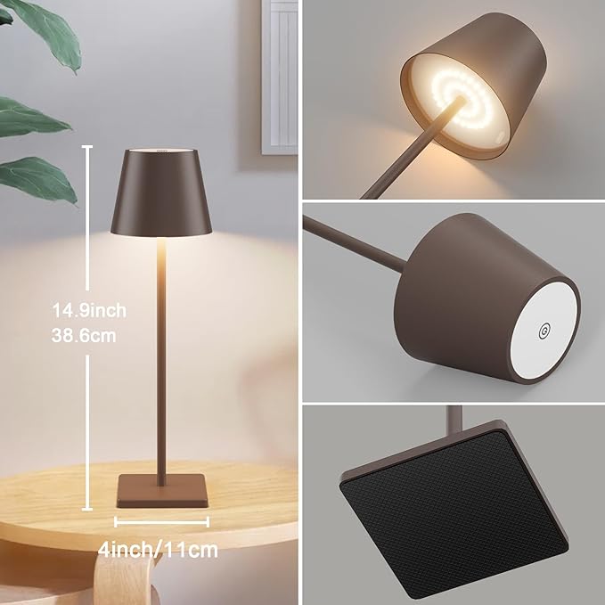 2 Pack LED Rechargeable Table Lamp Bronze, Portable 5500mAh Battery Powered Bedside Lamp, 3 Color Temperatures Stepless Dimmable Cordless Table Lamps for Outdoor Restaurant Bedroom Rust Red