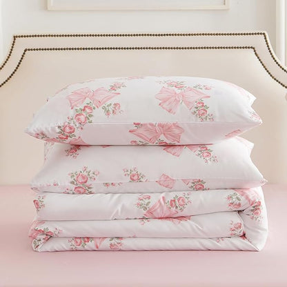 Pink Bow Comforter Set Queen 3Pcs Pink Floral Bedding Set for Girls Cute Romantic Princess Style Bowknot Bedding Ultra Soft Microfiber Garden Flower Comforter Sets with 2 Pillowcases