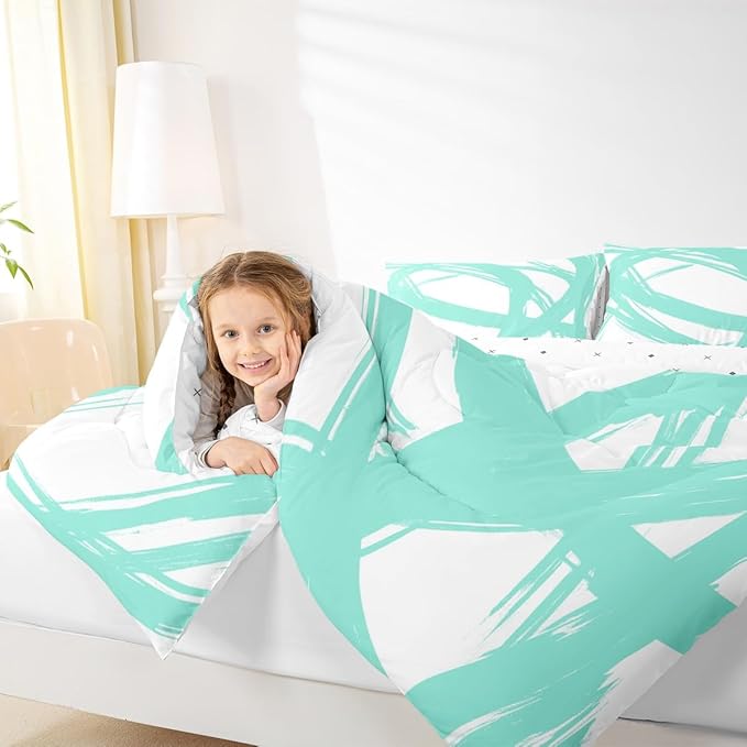 Erosebridal Turquoise and White Abstarct Toddler Bedding Set,Aesthetic Geometric Comforter Set for Minimalists,Graffiti Stripes Lines Quilt,Contemporary Boho Modern Art Duvet Insert for Minimalism