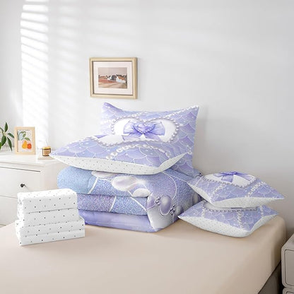jejeloiu Girls Purple Bowknot 7 Piece Bedding Set Full Size White Pearl Comforter Set with Sheets for Kids Women Glitter Mermaid Bed in a Bag Princess Style Bed Set