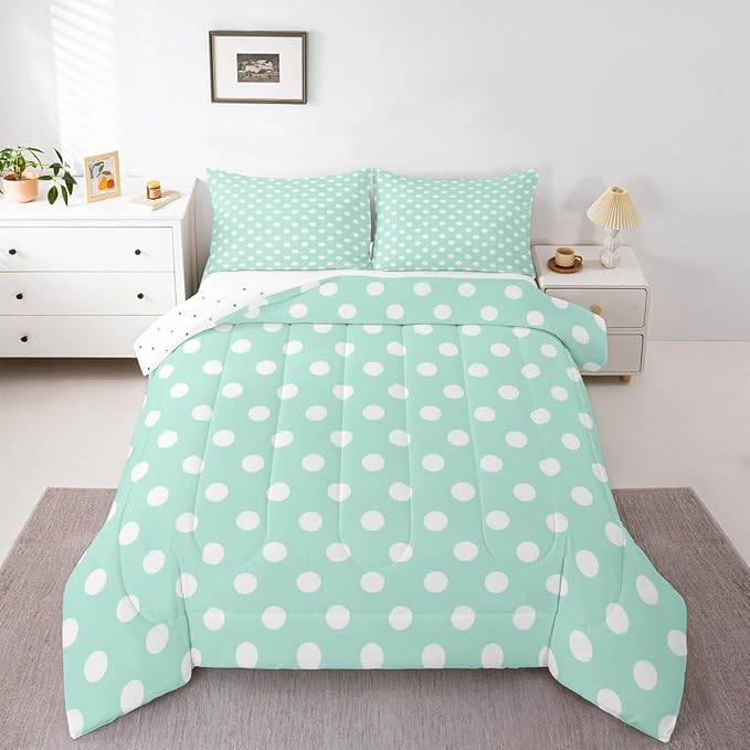 Manfei Polka Dots Comforter Set,Modern Geometric Circles Abstract Simple Art Bedding Set for Teens Adults Room,Cartoon French Style Dots Green White Quilt Set 3 Pcs with 2 Pillowcases,Queen
