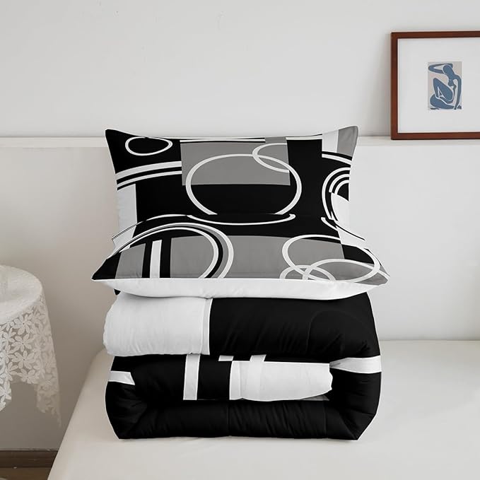 Erosebridal Modern Grey Black Striped Comforter Set Geometric Down Comforter Queen Size Retro Circle Swirls Bedding Set Bedroom Decor Abstract Texture Color Art Comforter for Kids Adult