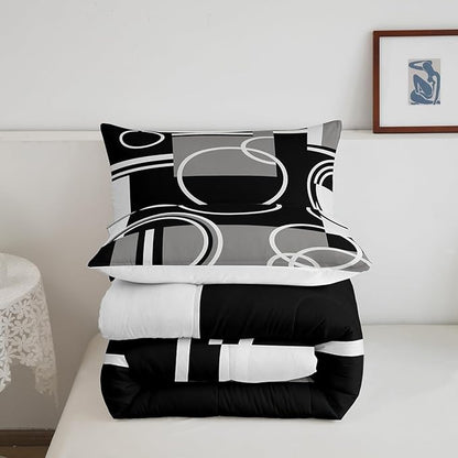 Erosebridal Modern Grey Black Striped Comforter Set Geometric Down Comforter Queen Size Retro Circle Swirls Bedding Set Bedroom Decor Abstract Texture Color Art Comforter for Kids Adult