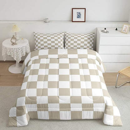 Feelyou Checkered Bedding Set Teen Women Men Beige Plaid Comforter Set Toddler Size Kids Boys Girls Cute Retro Neutral Checkerboard Geometric Duvet Insert Vintage Aesthetic Room Decor