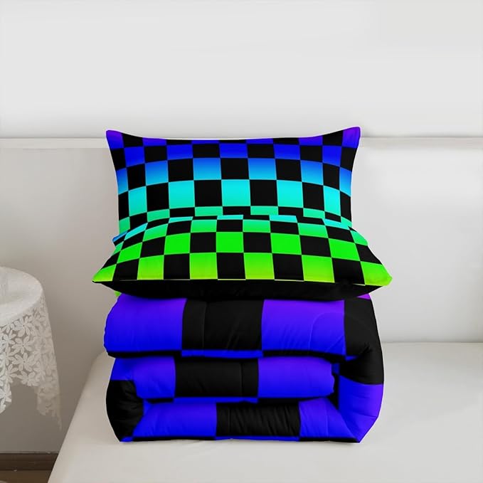 Feelyou Multicolored Checkered Retro Kids Comforter Set King Size Geometric Vintage Bedding Set Colorful Duvet Quilt for Kids Boys Girls Bedroom Modern Groovy Aesthetic Decor