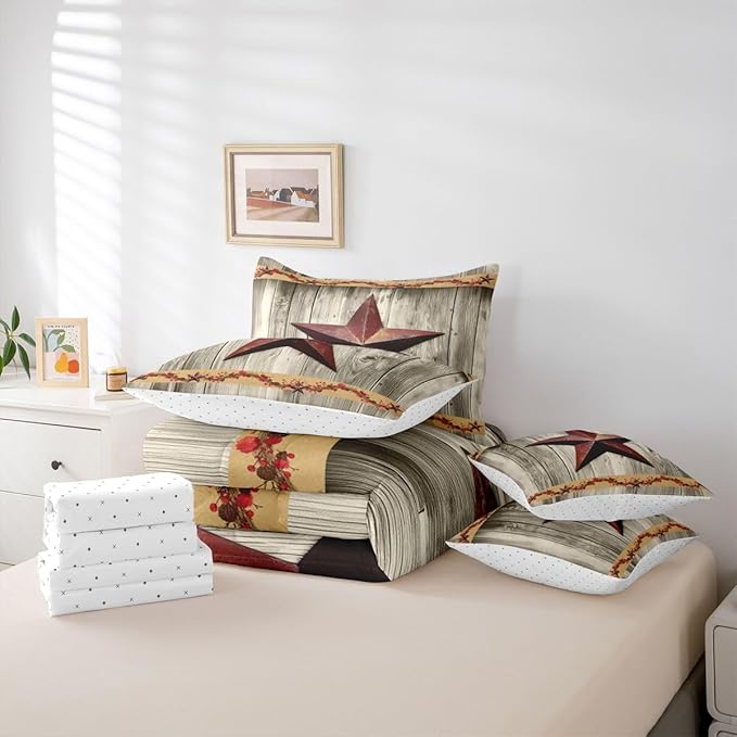 Erosebridal Western Texas Star 7 Pieces Bedding Set Queen Size Retro Farmhouse Barn Comforter Set for Teens Kids Bedroom Terracotta Star Print Comforter with Sheets Rustic Vintage Grain Duvet Insert