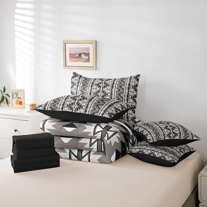 Erosebridal 7 Pcs Vintage Southwestern Full Comforter Set with Sheets Rustic Western Aztec Bed in A Bag Boho Geometric Farmhouse Bedding Sets for Women Adults Exotic Tribal Nordic Style Bed Set