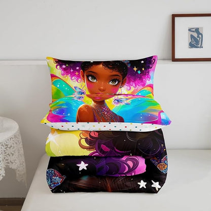 Erosebridal Black Girls Bedding Set Afro Girl Twin Comforter Set for Girls,American African Princess Magical Quilt for Toddler Kids Teenager,Dreamy Butterfly Cute Room Decor Aesthetic