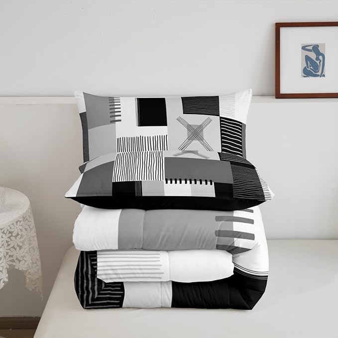 Erosebridal Black White Grey Comforter Set Toddler Gray Abstract Bedding Set for Kids Boys Adults Men Geometric Square Quilt Grids Checkered Duvet Insert Modern Fashion Room Decor 2 Pcs