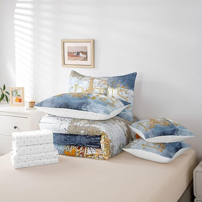 Erosebridal Romantic Paris Bed in a Bag 7-Piece Valentine's Day Eiffel Tower Bedding Comforter Sets, Light Blue Graffiti Twin Bedding Set Hippie Tie Dye Comforter Set with Flat Sheet and Fitted Sheet