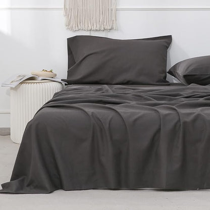 Simple&Opulence Belgian Linen Sheet Set Solid Color - 3 Pieces (1 Flat Sheet, 1 Fitted Sheet & 1 Pillowcase) Natural Flax Cotton Blend Soft Breathable Farmhouse Bedding - Twin Size, Dark Grey
