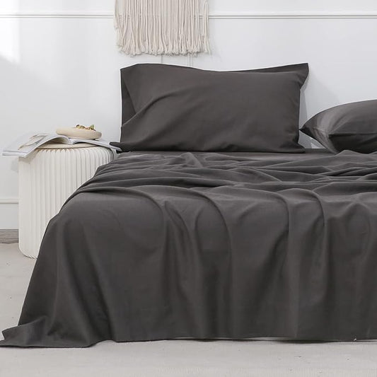 Simple&Opulence Belgian Linen Sheet Set Solid Color - 3 Pieces (1 Flat Sheet, 1 Fitted Sheet & 1 Pillowcase) Natural Flax Cotton Blend Soft Breathable Farmhouse Bedding - Twin Size, Dark Grey