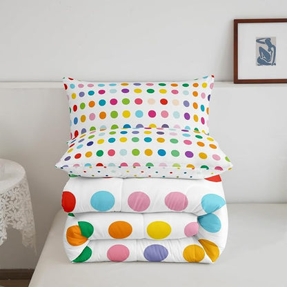 Manfei Polka Dots Comforter Set Full Size 3 Pcs,Colorful Dots French Style Print Bedding Set,Kawaii Circles Geometric Simple Chic Quilt Set for Teens Bedroom,2 Pillowcases
