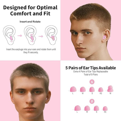 Ear Plugs for Sleeping Earplugs for Concerts Noise Cancelling Reusable Soft Silicone Noise Reduction Earbuds for Travel, Focus, Work 33-45dB Hearing Protection with 9 Ear Tips & Case (Pink)