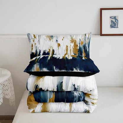 Erosebridal Navy Blue Bedding Full Gradient Brush Marks Comforter Set, Watercolor Stripe Aesthetic Down Comforter Abstract Ombre Bedding Comforter Sets, Chic Vintage Contemporary Duvet Insert 3pcs