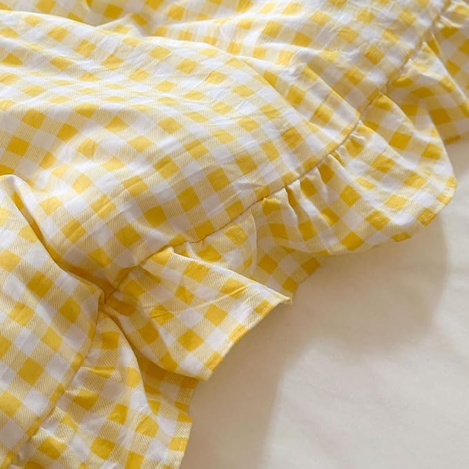 NSNLGSGC Yellow Ruffle Gingham Comforter Set Queen, Pre-Washed Ruffled Plaid Checked Comforter Bedding, 3 Pieces Vintage Farmhouse Grid Bedding Set(Yellow Gingham, Queen)