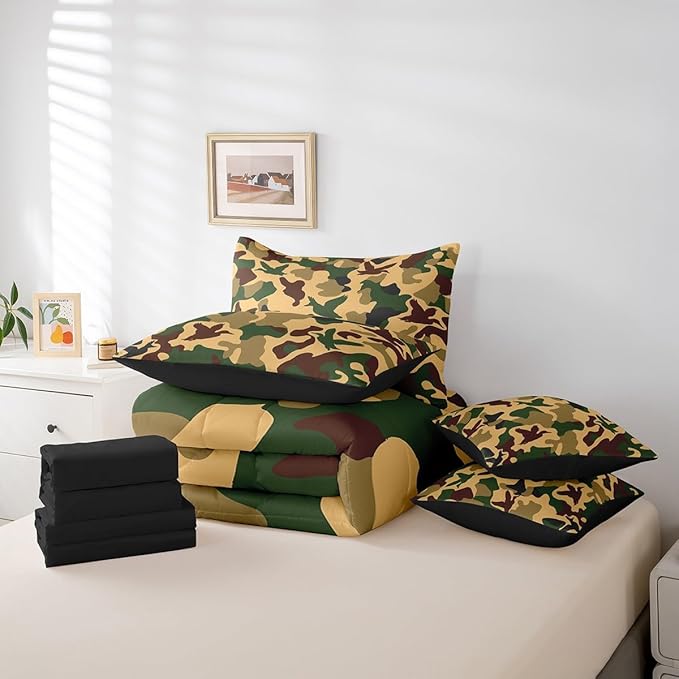 Erosebridal Camo Duck 7 Pcs Comforter Set Twin Size Camouflage Bedding for Kids Hunting Farmhouse Camping Sheet Set Bed in A Bag Vintage Army Green Yellow Room Decor Wild Animal Rustic Bed Set
