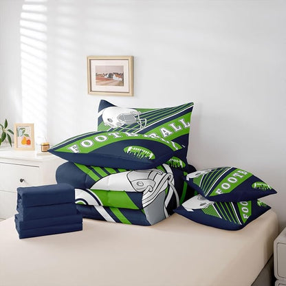 Erosebridal Football Comforter Set Full Size Bed in A Bag, 7 Pieces Football Bedding with Sheets, Navy Green Comforter + Flat Sheet + Fitted Sheet + 2 Pillowcases + 2 Throw Pillow Covers