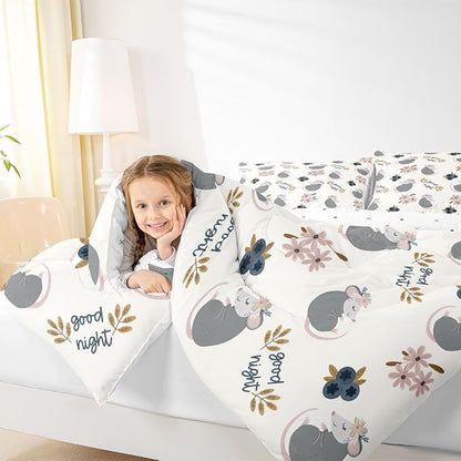 Castle Fairy Cute Opossum 3 Pcs King Size Comforter Set,Cartoon Animals Down Alternative Adults Bedroom Decor,Watercolor Flower Plant Ultra Soft Microfiber Inner Fill 3Pcs Bedding