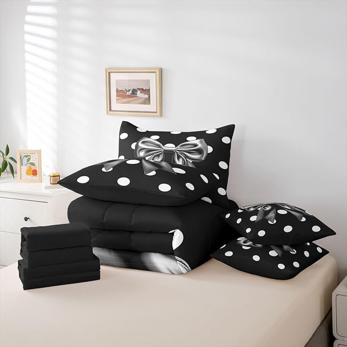 Feelyou Grey Bowknot 7 Piece Bedding Set Polka Point Comforter Set with Sheets for Kids Boys Girls Cute Bow Bed in a Bag Princess Theme Bed Set Soft Lightweight