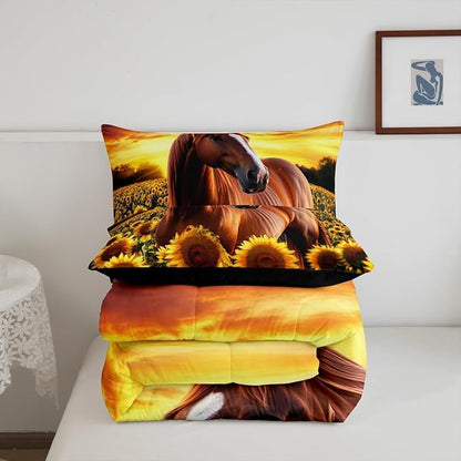 3D Horse Comforter Set for Kids Boys Wild Animal Down Comforter Girls Teen Adult Women Sunflower Quilted Duvet Brown Horse Bedding Comforters Cowboys Farmhouse Comforter with 2 Pillowcases, Full Size