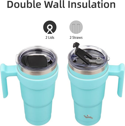 20 oz Tumbler with Handle and 2 Straw 2 Lid, Insulated Water Bottle Stainless Steel Vacuum Cup Reusable Travel Mug,Turquoise