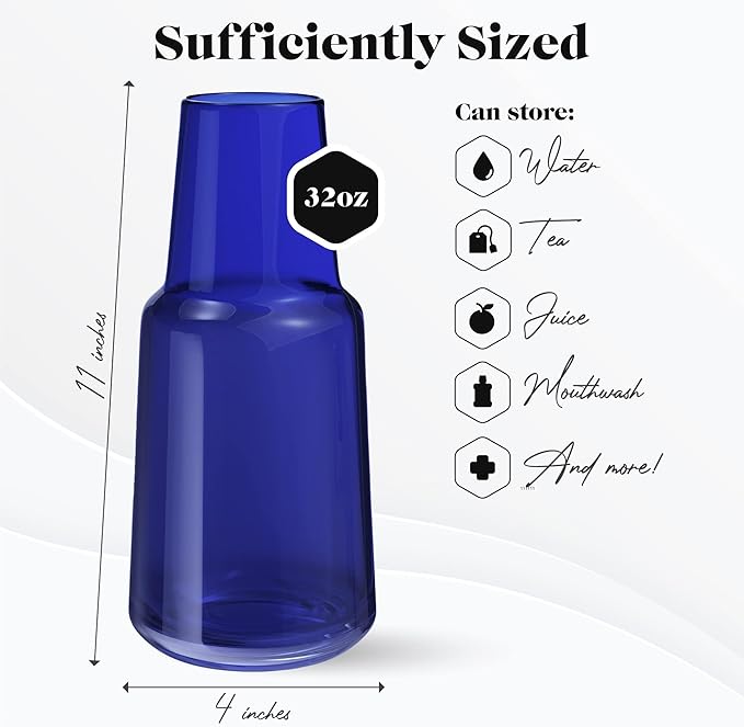 American Atelier 32 oz Bedside Water Carafe Set – 11" Ribbed Glass Pitcher with Footed Cup Lid, Covered Drinking Decanter for Nightstand, Guest Room, Office & Bathroom Accent, Elegant Glassware (Navy)