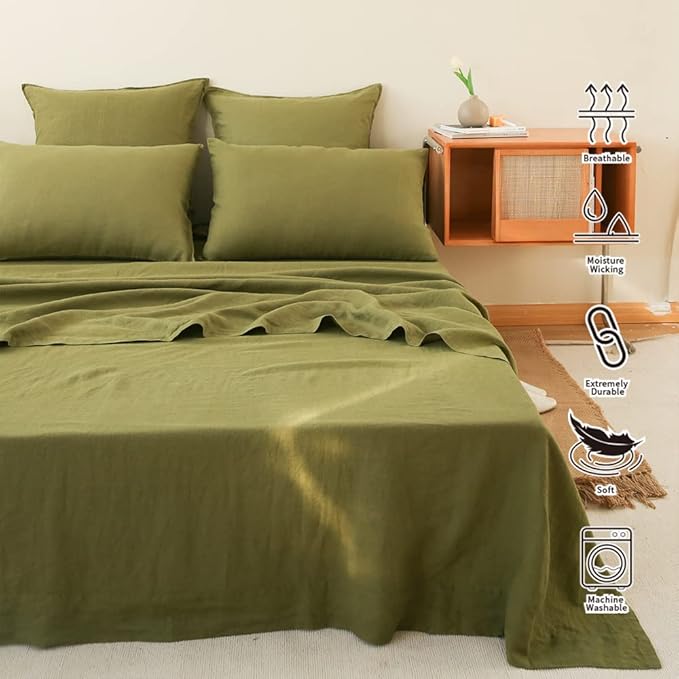 Simple&Opulence Washed Linen Bed Sheet Set Basic Style 4 Pieces (1 Flat Sheet & 1 Fitted Sheet & 2 Pillowcases) 100% Natural French Flax Soft Breathable Farmhouse Bedding (King, Olive Green)