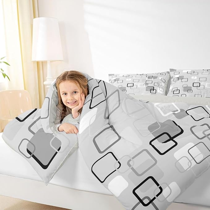 Erosebridal Gray Abstract Squares Bedding Set Queen Modern Aesthetic Geometric Comforter Set for Kids Girls Boys Minimalist Striped Down Comforter Boho Neutral Plaid Quilt Duvet