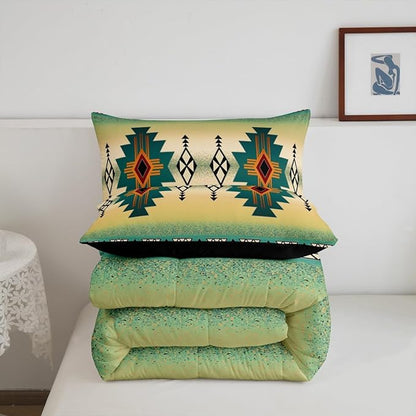 Erosebridal Boys Western Aztec Bedding Set Toddler Size, Native Tribal Ethnic Comforter Set Farmhouse Boho Geometric Duvet Insert Southwestern Ethnic American Native Quilt for Adult Men,Green Yellow