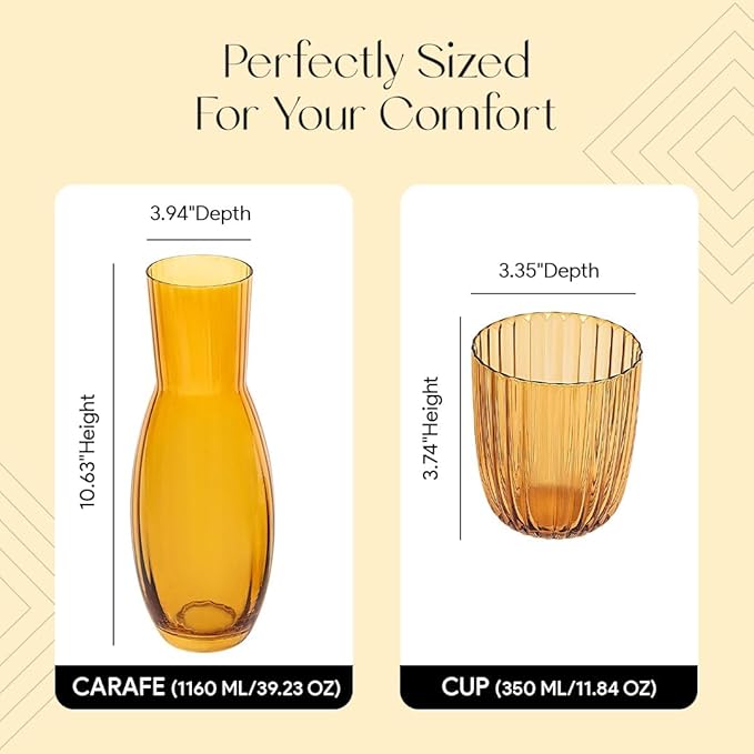 American Atelier 40 oz Bedside Water Carafe with Tumbler – 10.63" Ribbed 2-Piece Glass Set, Pitcher with Cup Lid for Nightstand, Guest Room, Office, Durable & Elegant Drinkware (Amber)